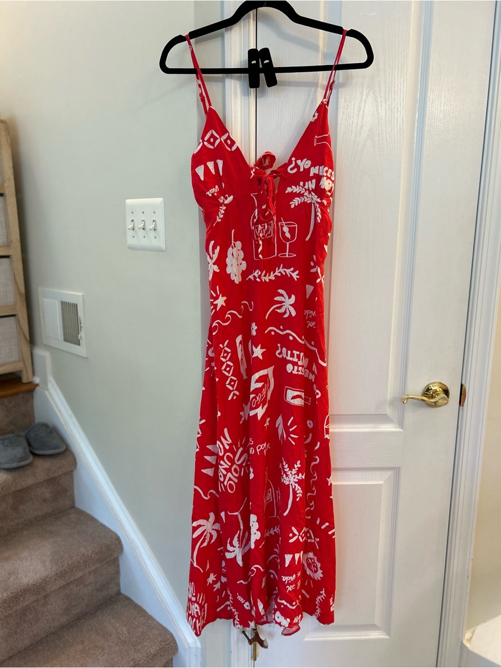Red Printed Midi Summer Dress with Spaghetti Straps